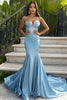 Load image into Gallery viewer, Blue Spaghetti Straps Mermaid Satin Prom Dress with Beadings