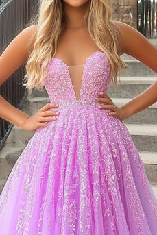 Lilac Floor Length Ball Gown Prom Dress with Appliques