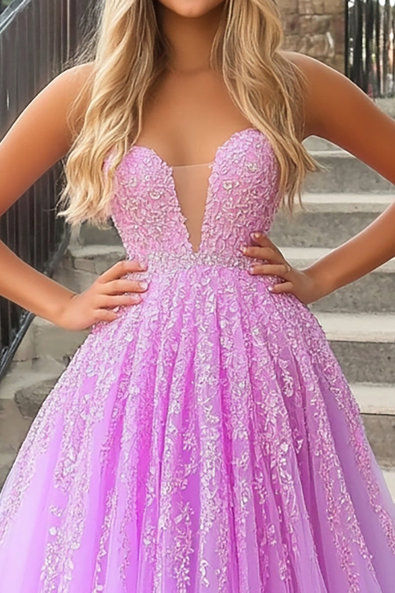 Load image into Gallery viewer, Lilac Floor Length Ball Gown Prom Dress with Appliques