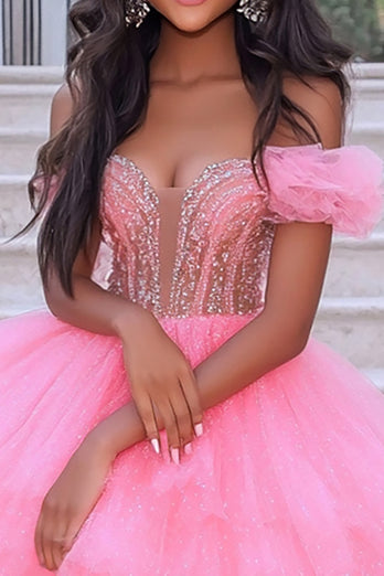 Sparkly Rose Pink Tulle Off The Shoulder Prom Dress with Beadings