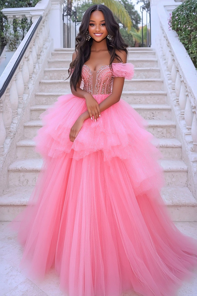 Load image into Gallery viewer, Sparkly Rose Pink Tulle Off The Shoulder Prom Dress with Beadings