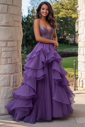 Purple A Line Ruffled Sweetheart Prom Dress with Beadings