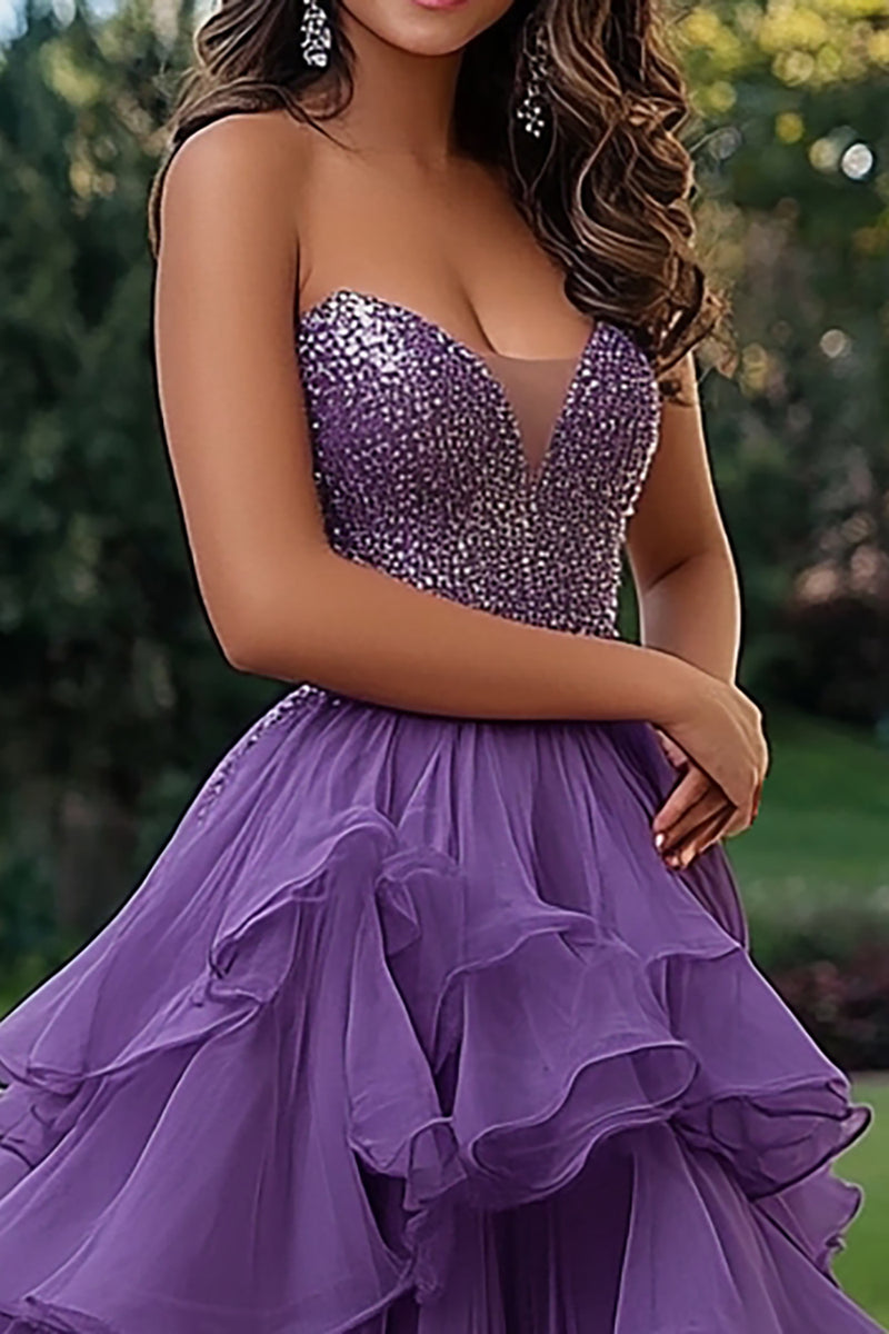 Load image into Gallery viewer, Purple A Line Ruffled Sweetheart Prom Dress with Beadings