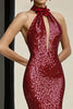 Load image into Gallery viewer, Sparkly Halter Burgundy Sheath Halter Prom Dress with 3D Flowers