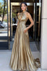 Load image into Gallery viewer, Metallic Golden A Line Cross Halter Prom Dress