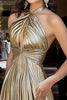 Load image into Gallery viewer, Metallic Golden A Line Cross Halter Prom Dress