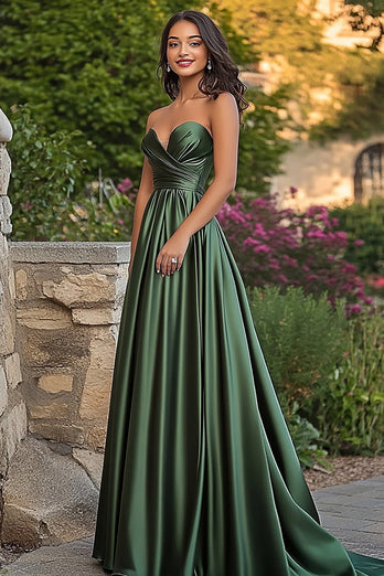 Dark Green A Line Satin Sweetheart Prom Dress with Ruch