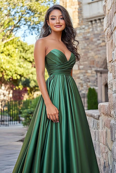 Dark Green A Line Satin Sweetheart Prom Dress with Ruch