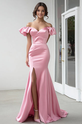 Rose Pink Puff Sleeves Sheath Satin Prom Dress with Slit