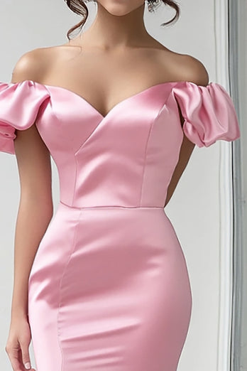 Rose Pink Puff Sleeves Sheath Satin Prom Dress with Slit