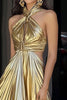 Load image into Gallery viewer, Metallic Gold Halter Cut Out A Line Pleated Prom Dress