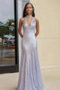 Load image into Gallery viewer, Sparkly Silver V Neck Sheath Sequins Floor Length Prom Dress