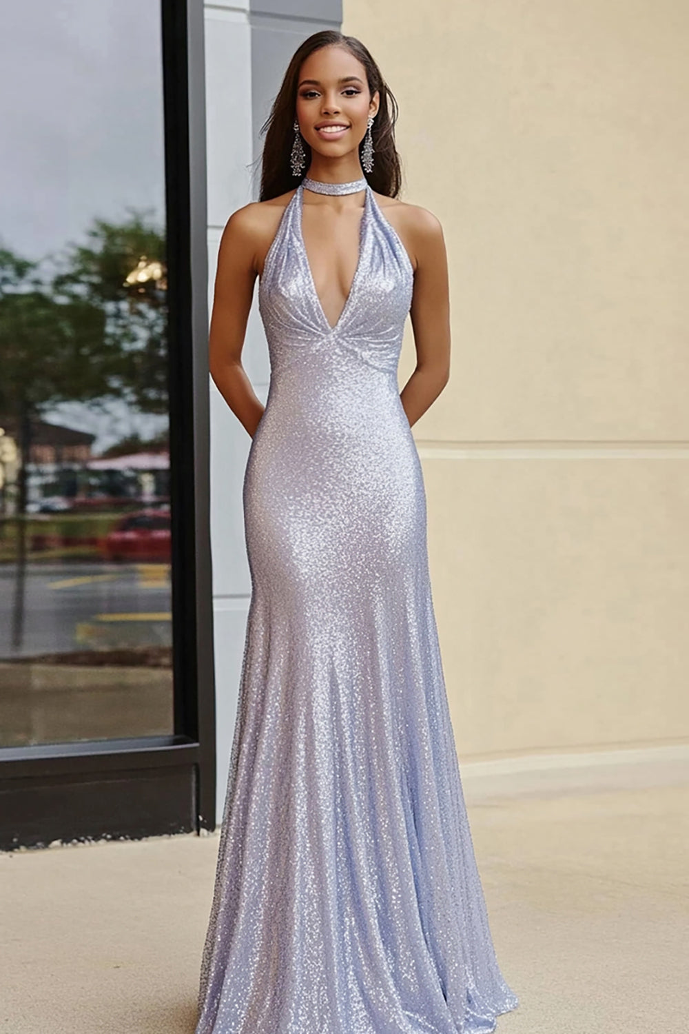 Sparkly Silver V Neck Sheath Sequins Floor Length Prom Dress