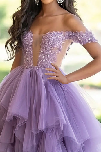 Grey Purple Off the Shoulder Tulle Ruffled Ball Gown Prom Dress