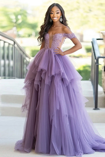 Grey Purple Off the Shoulder Tulle Ruffled Ball Gown Prom Dress