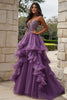 Load image into Gallery viewer, Plum Strapless Pleated Ball Gown Ruffled Prom Dress