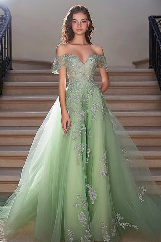 Sage Off the Shoulder A Line Lace Applique Prom Dress