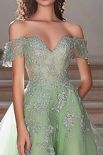 Sage Off the Shoulder A Line Lace Applique Prom Dress