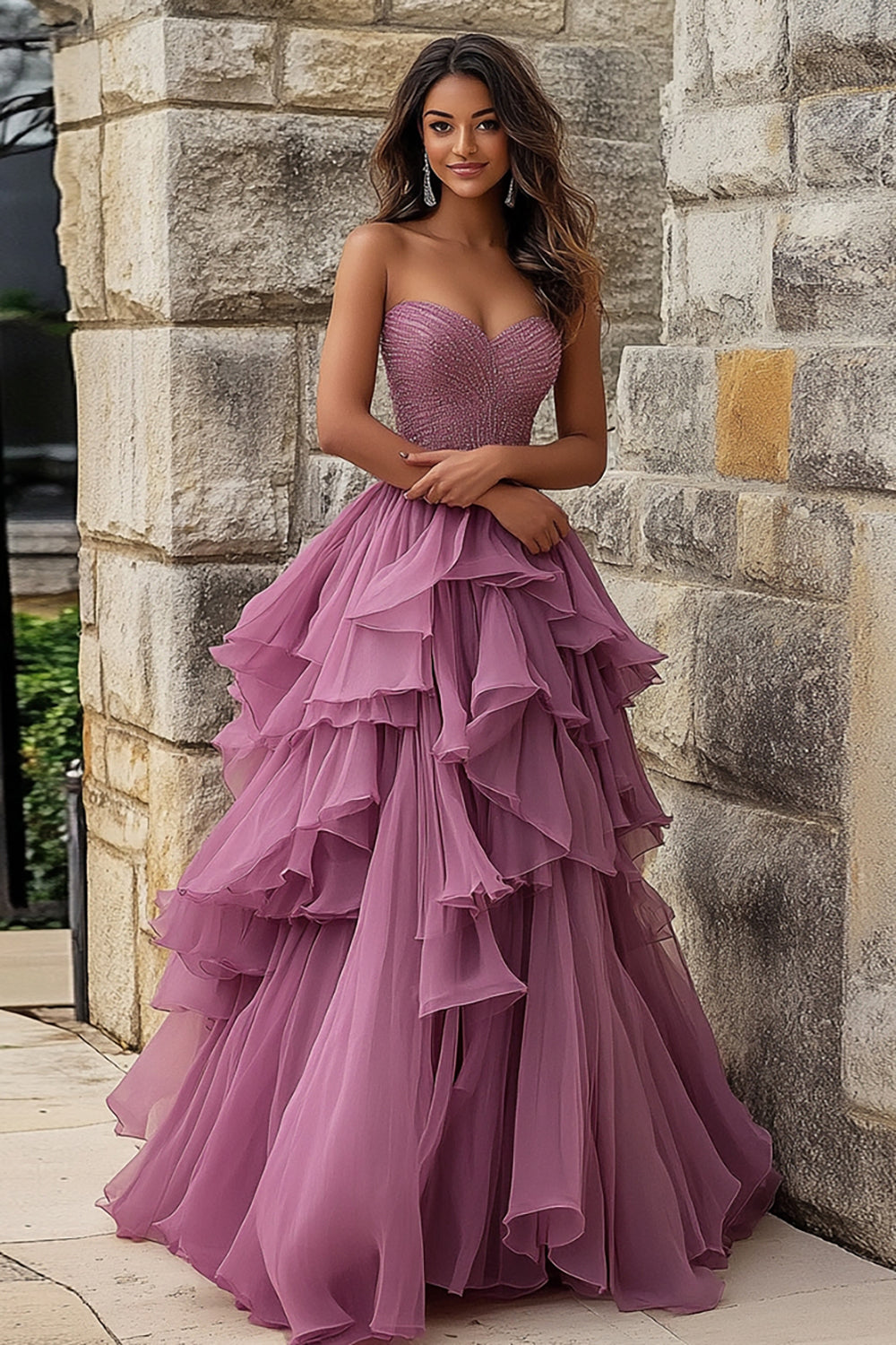 Vintage Mauve Sweetheart Ball Gown Ruffled Prom Dress