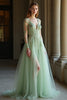 Load image into Gallery viewer, Sage V Neck Long Sleeves Applique A Line Prom Dress with Slit