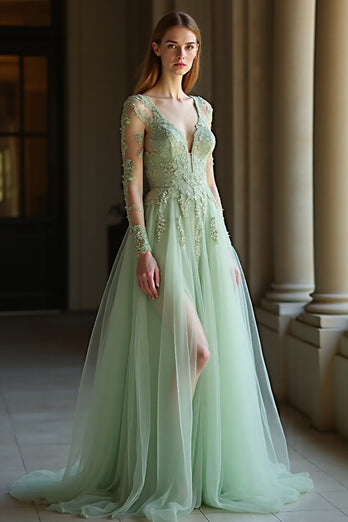 Sage V Neck Long Sleeves Applique A Line Prom Dress with Slit