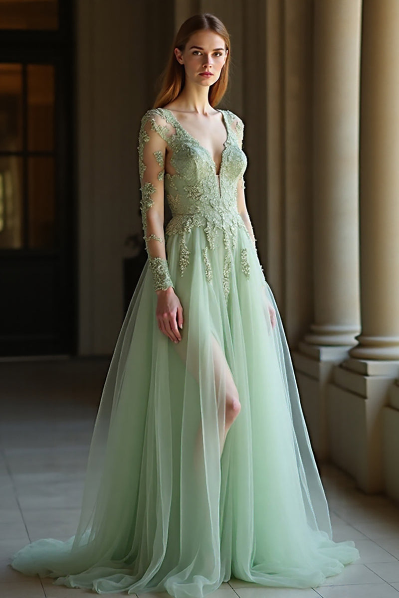 Load image into Gallery viewer, Sage V Neck Long Sleeves Applique A Line Prom Dress with Slit