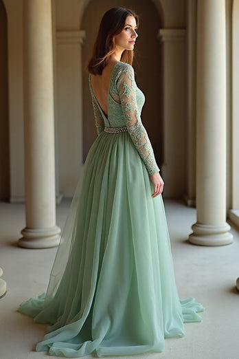 Sage V Neck Long Sleeves Applique A Line Prom Dress with Slit