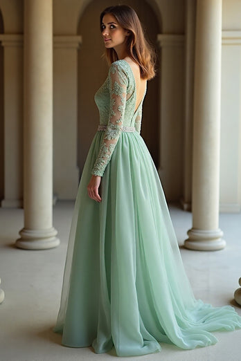 Sage V Neck Long Sleeves Applique A Line Prom Dress with Slit