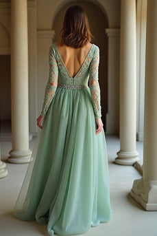 Sage V Neck Long Sleeves Applique A Line Prom Dress with Slit