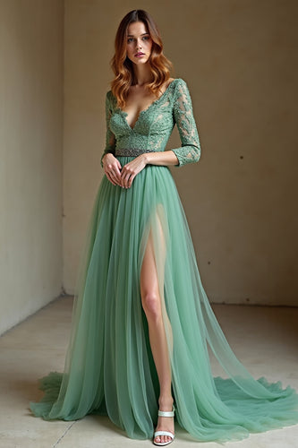 Agave V-Neck Tulle Applique A Line Prom Dress with Slit