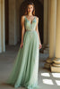 Load image into Gallery viewer, Sage V-Neck Tulle Applique A Line Floor Length Prom Dress