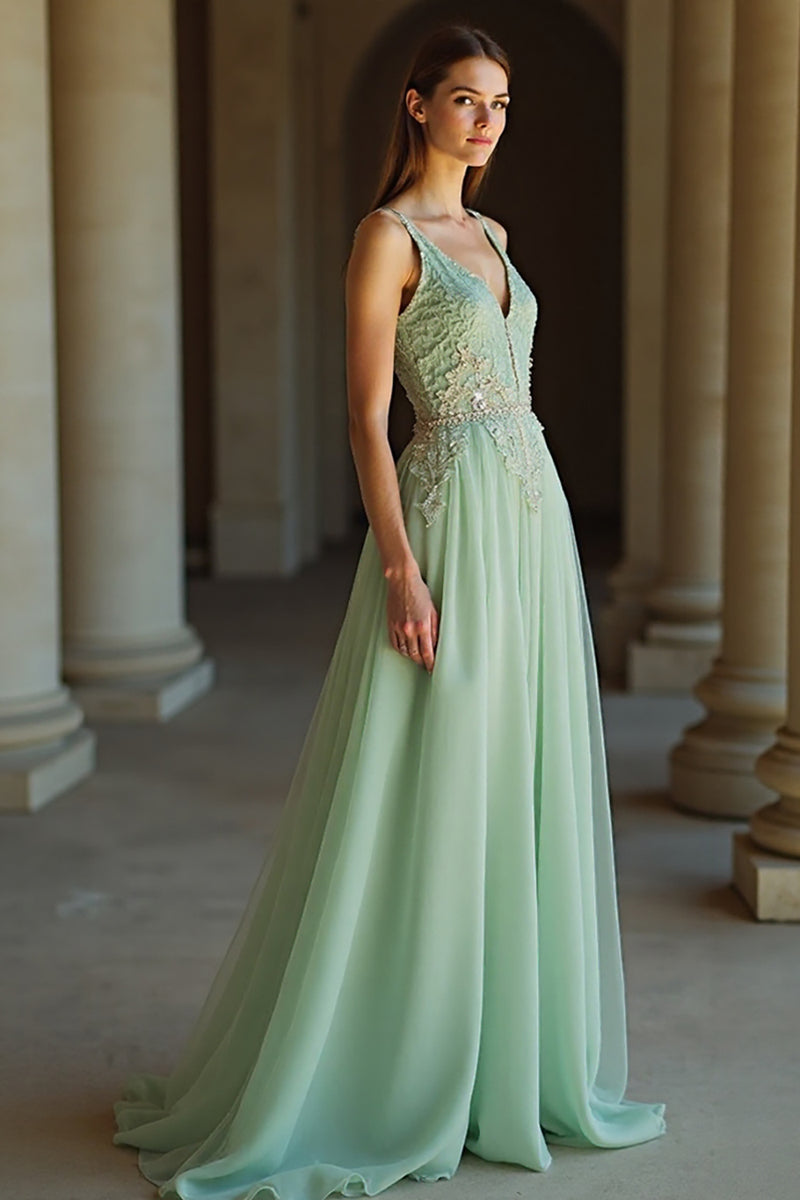 Load image into Gallery viewer, Sage V-Neck Tulle Applique A Line Floor Length Prom Dress