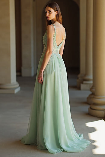 Sage V-Neck Tulle Applique A Line Floor Length Prom Dress