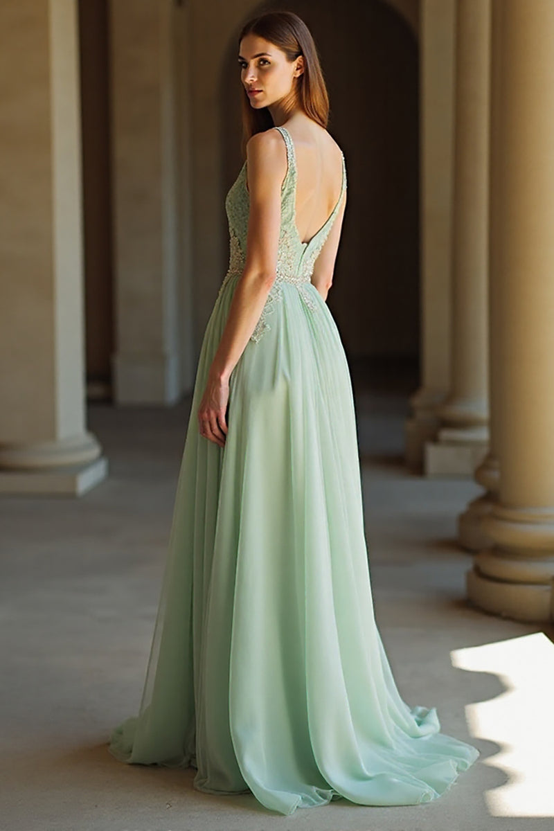 Load image into Gallery viewer, Sage V-Neck Tulle Applique A Line Floor Length Prom Dress