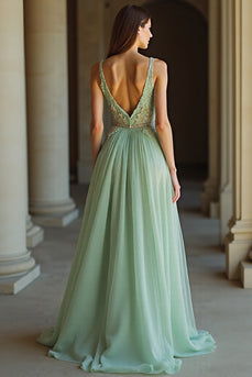 Sage V-Neck Tulle Applique A Line Floor Length Prom Dress