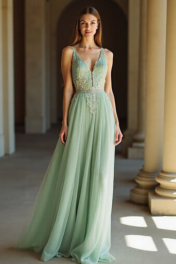 Sage V-Neck Tulle Applique A Line Floor Length Prom Dress