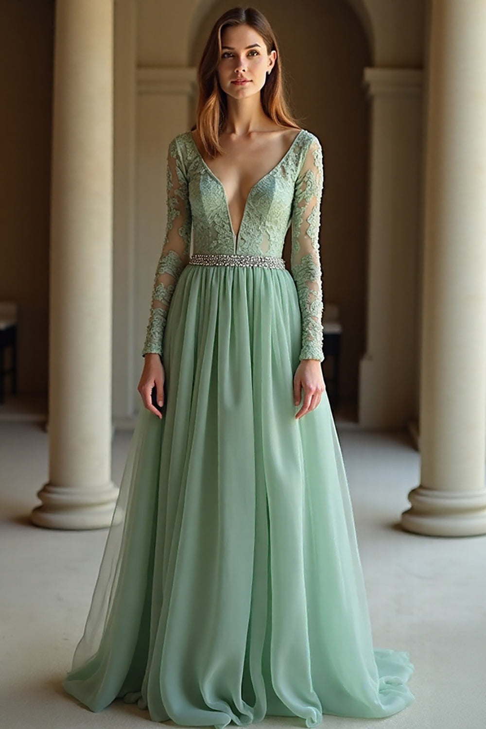 Sage V-Neck Applique Long Sleeves A Line Prom Dress