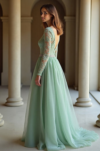 Sage V-Neck Applique Long Sleeves A Line Prom Dress