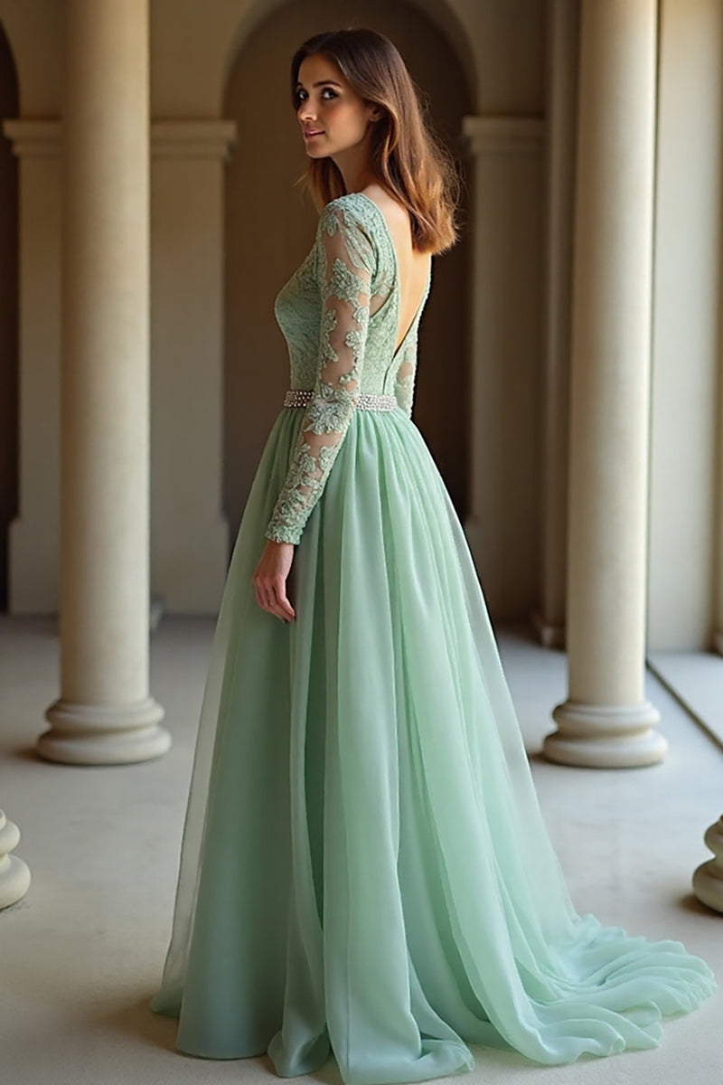 Load image into Gallery viewer, Sage V-Neck Applique Long Sleeves A Line Prom Dress