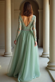 Sage V-Neck Applique Long Sleeves A Line Prom Dress