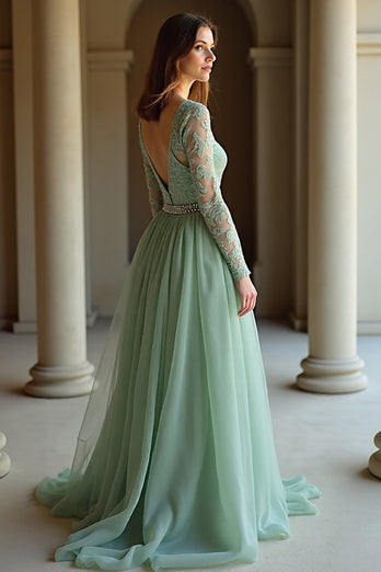 Sage V-Neck Applique Long Sleeves A Line Prom Dress