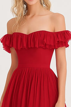 Red Off the Shoulder Chiffon A Line Long Formal Dress with Ruffles