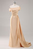 Load image into Gallery viewer, Off the Shoulder Champagne Long Satin Formal Dress with Side Cape