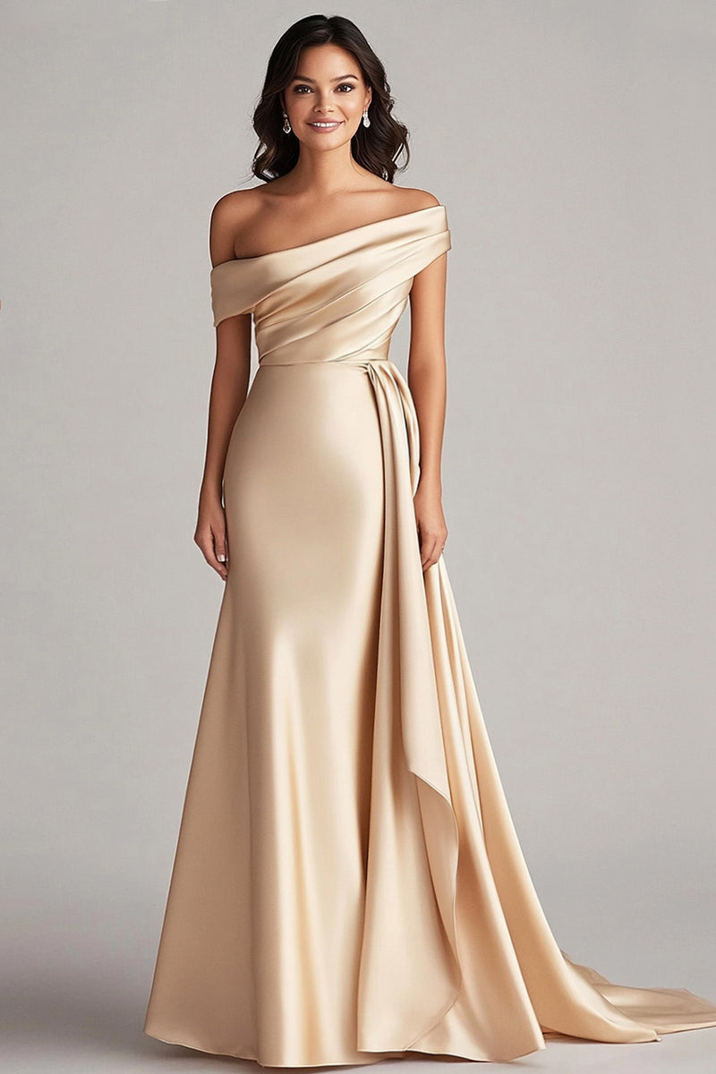 Load image into Gallery viewer, Queendancer Women Champagne Satin Formal Dress with Side Cape Mermaid Off the Shoulder Ruched Sweep Train Gla Ball Dress