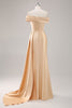 Load image into Gallery viewer, Off the Shoulder Champagne Long Satin Formal Dress with Side Cape