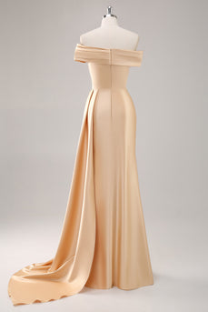 Off the Shoulder Champagne Long Satin Formal Dress with Side Cape