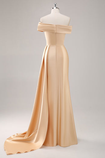 Off the Shoulder Champagne Long Satin Formal Dress with Side Cape