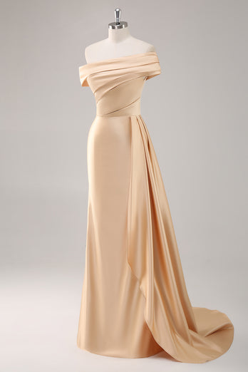 Elegant Champagne Off the Shoulder Long Formal Dress with Side Cape