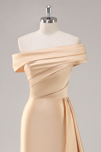 Off the Shoulder Champagne Long Satin Formal Dress with Side Cape