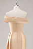 Load image into Gallery viewer, Off the Shoulder Champagne Long Satin Formal Dress with Side Cape